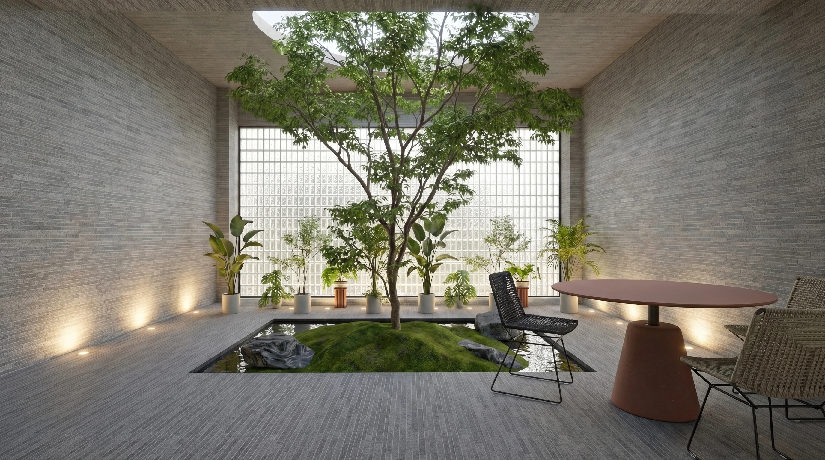 Structural facade — between hills and water — AI render